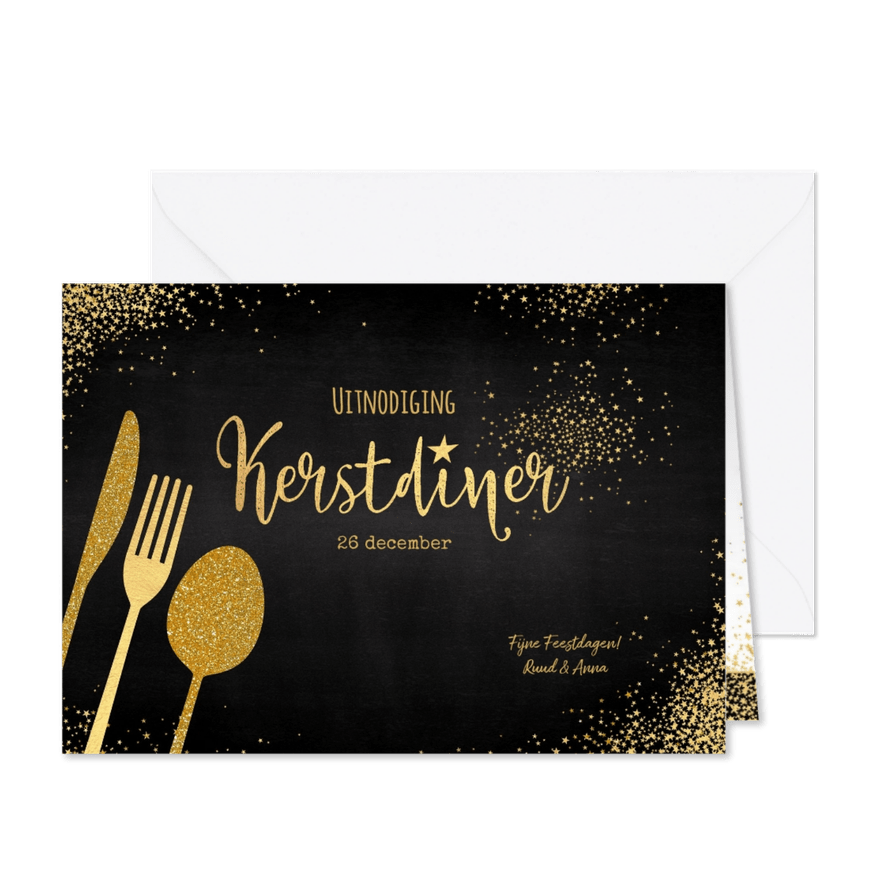 Kerst sfeervolle uitnodiging kerstdiner goud bestek  - Kaartimpressie