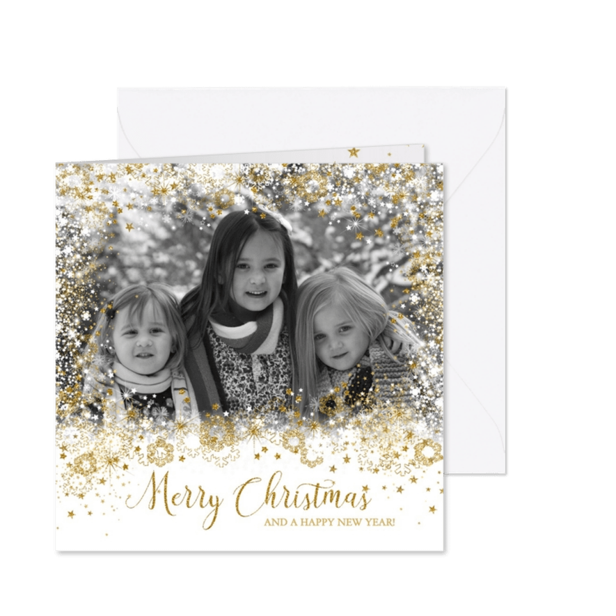Kerst stijlvol fotokader sterren, sneeuw en twinkelingen - Kaartimpressie