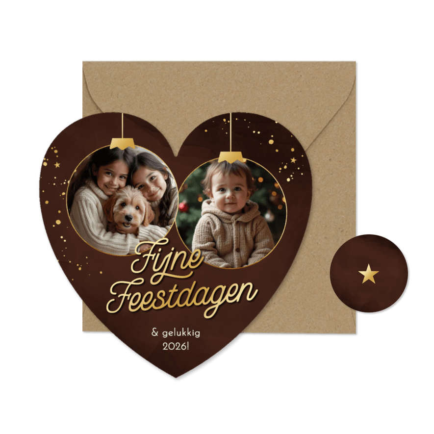 Kerst stijlvol hartvorm foto's in kerstballen goud bruin - Kaartimpressie