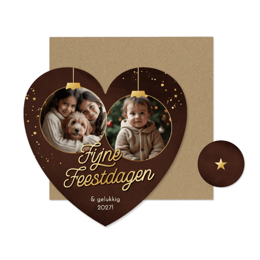 Kerst stijlvol hartvorm foto's in kerstballen goud bruin - Kaartimpressie