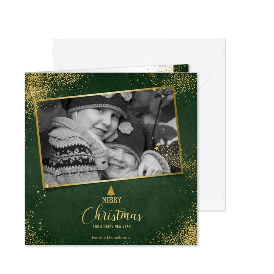 Kerst stijlvolle donker groene foto kaart gouden sterretjes - Kaartimpressie