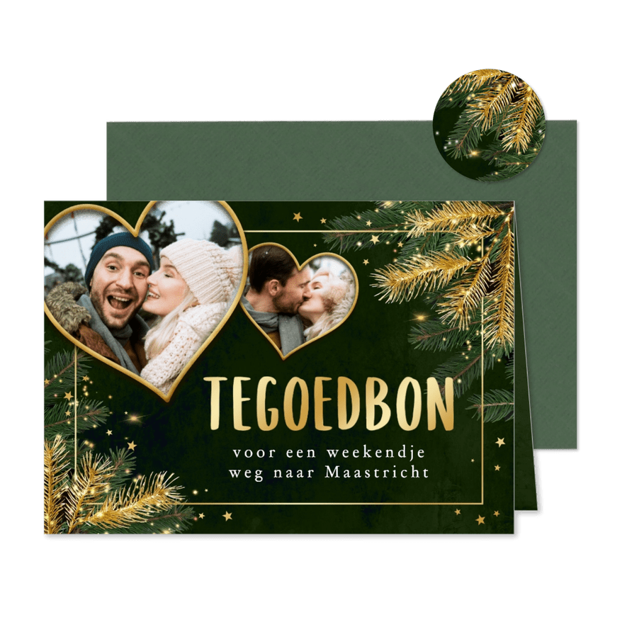 Kerst tegoedbon dennentakken goud sterretjes foto's hartjes - Kaartimpressie