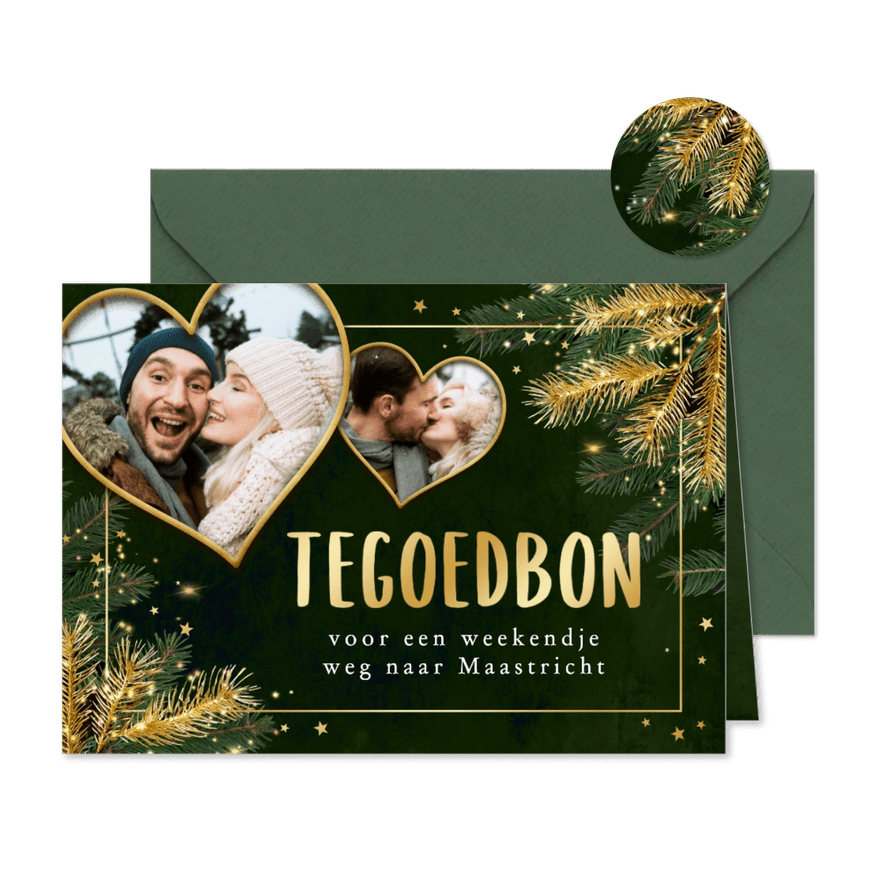 Kerst tegoedbon dennentakken goud sterretjes foto's hartjes - Kaartimpressie