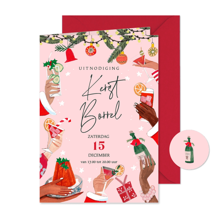 Kerst uitnodiging kerstborrel handen en cocktails - Kaartimpressie