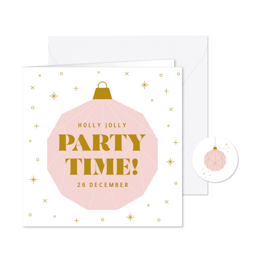 Kerst uitnodiging party time met roze kerstbal - Kaartimpressie