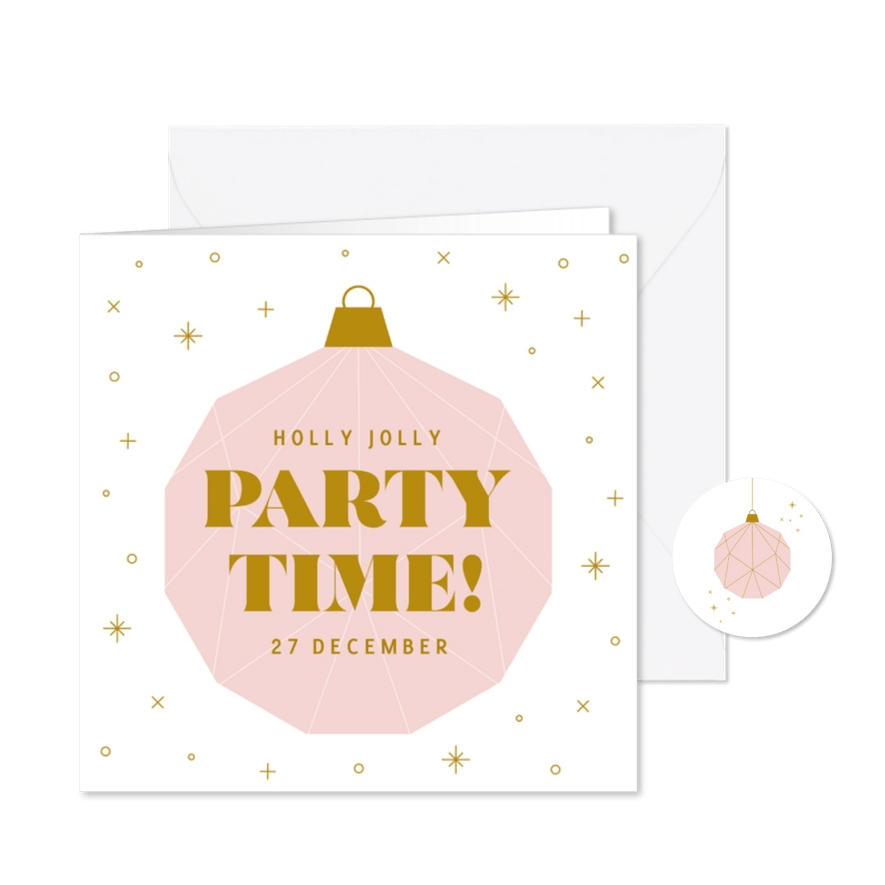 Kerst uitnodiging party time met roze kerstbal - Kaartimpressie