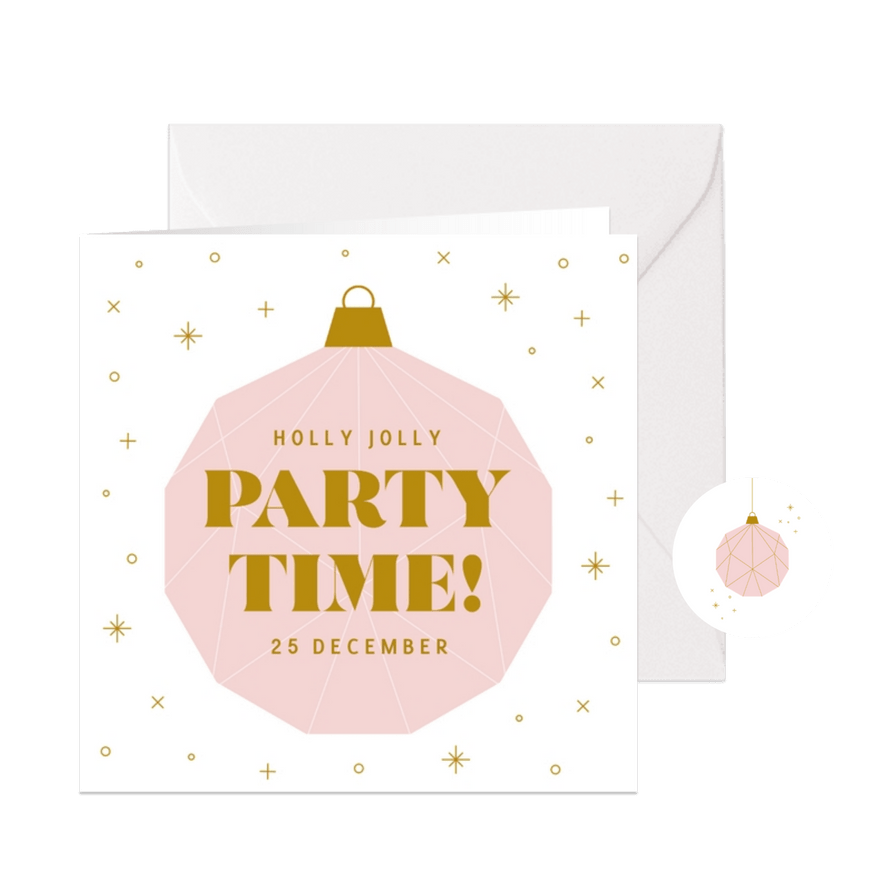 Kerst uitnodiging party time met roze kerstbal - Kaartimpressie