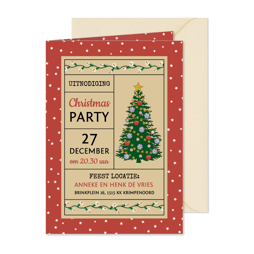 Kerst uitnodiging voor Christmas Party met kerstboom - Kaartimpressie