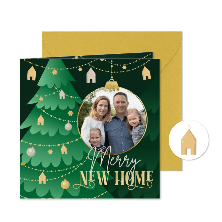 Kerst verhuisbericht huisjes kerstslinger foto in kerstbal - Kaartimpressie