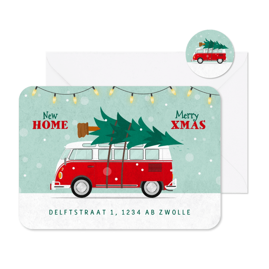Kerst verhuisbericht retro busje kerstboom sneeuw verhuisd - Kaartimpressie