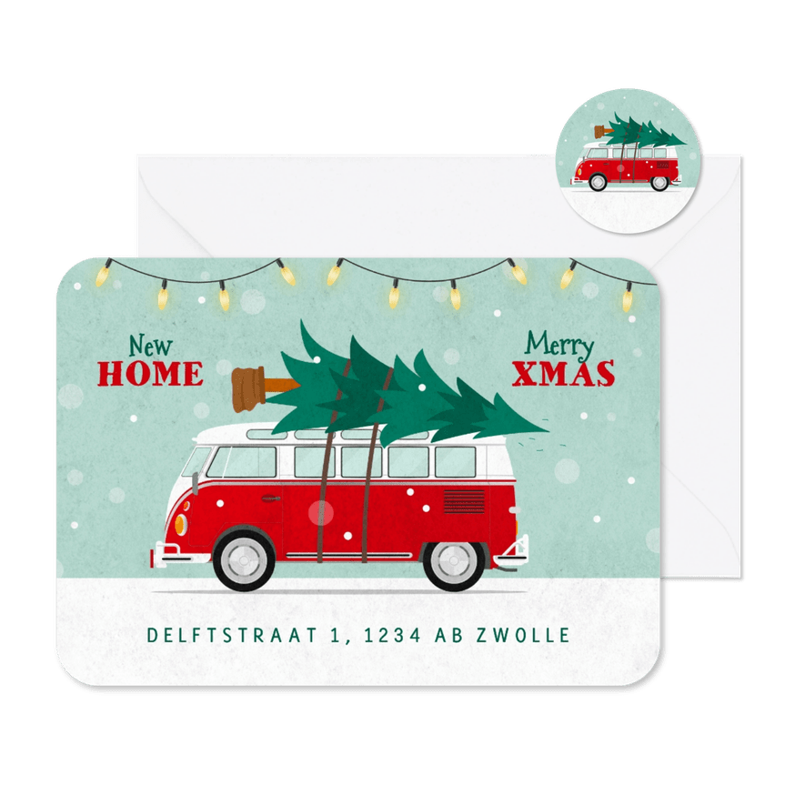 Kerst verhuisbericht retro busje kerstboom sneeuw verhuisd - Kaartimpressie