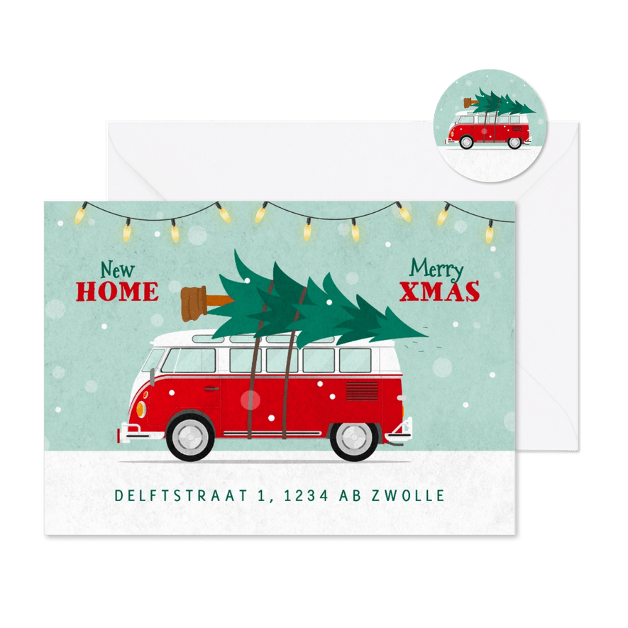 Kerst verhuisbericht retro busje kerstboom sneeuw verhuisd - Kaartimpressie