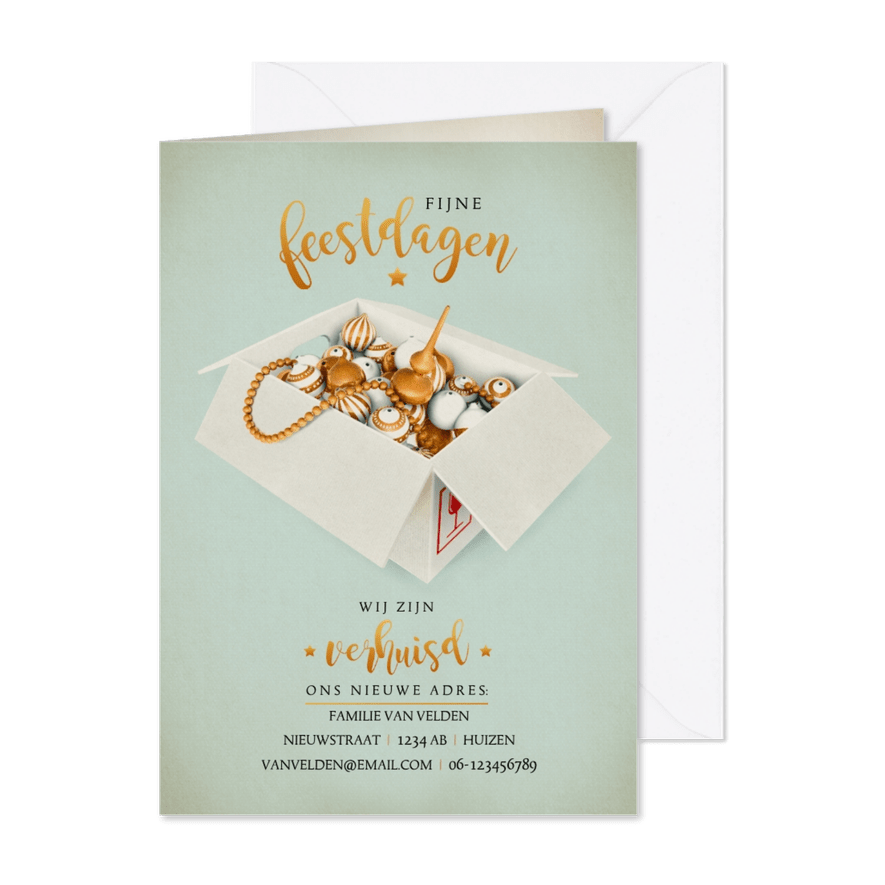 Kerst-verhuisbericht Verhuisdoos met kerstspullen - Kaartimpressie