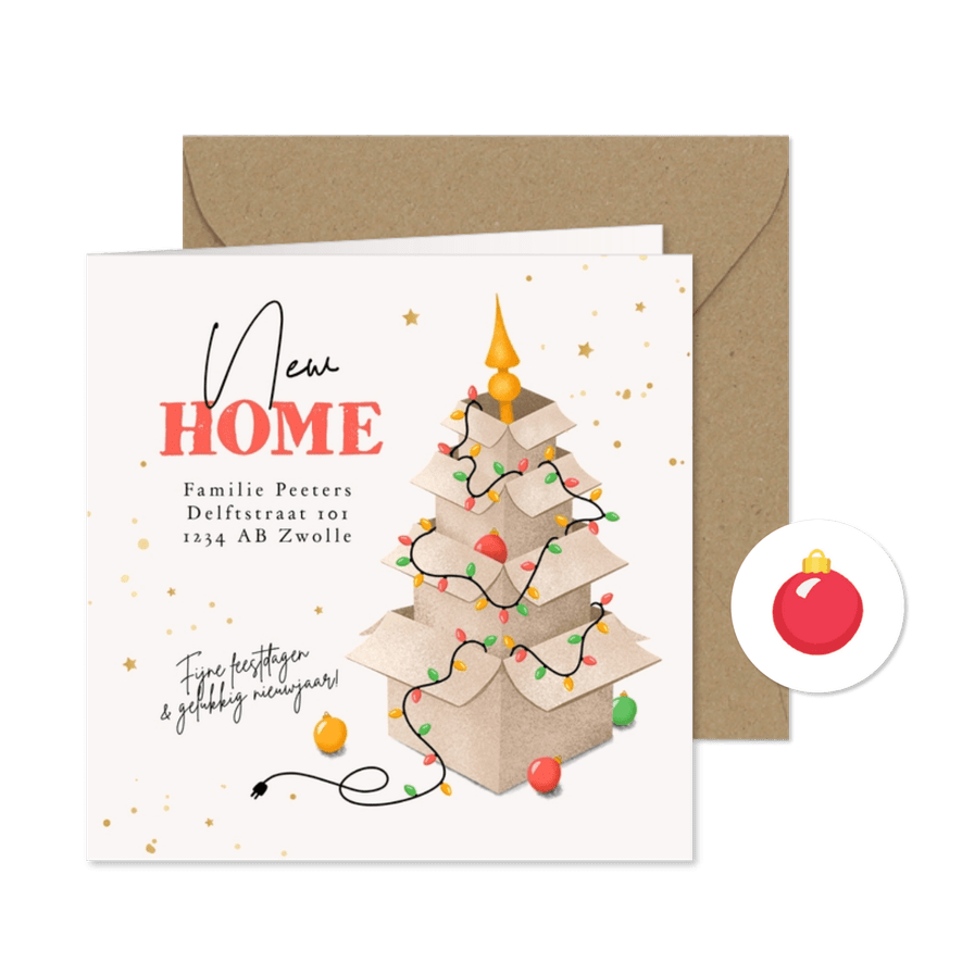 Kerst- verhuisbericht verhuisdozen kerstboom new home - Kaartimpressie