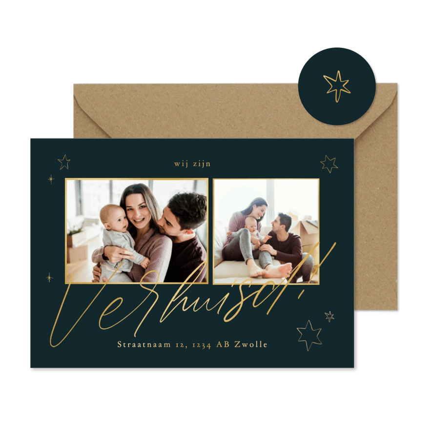 Kerst-verhuiskaart 2 foto's goud met inkt sterren - Kaartimpressie