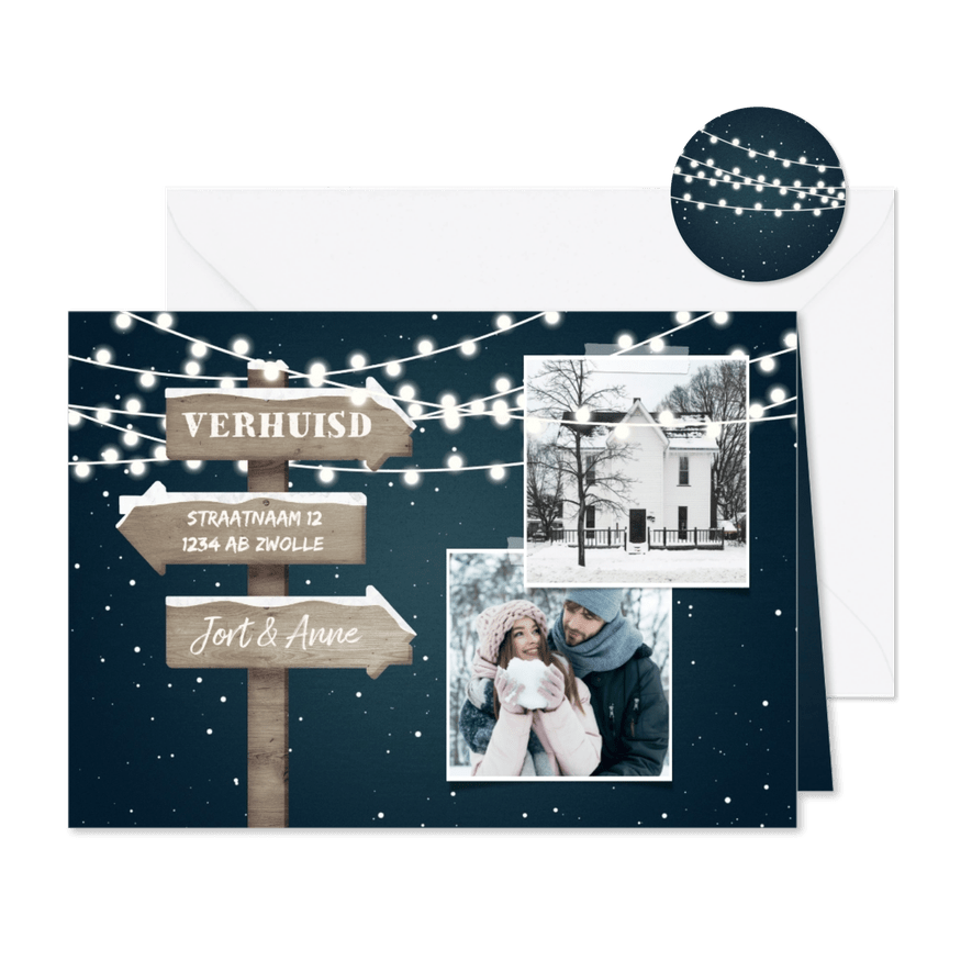 Kerst-verhuiskaart 2 foto's met lampjes en wegwijzerbord - Kaartimpressie