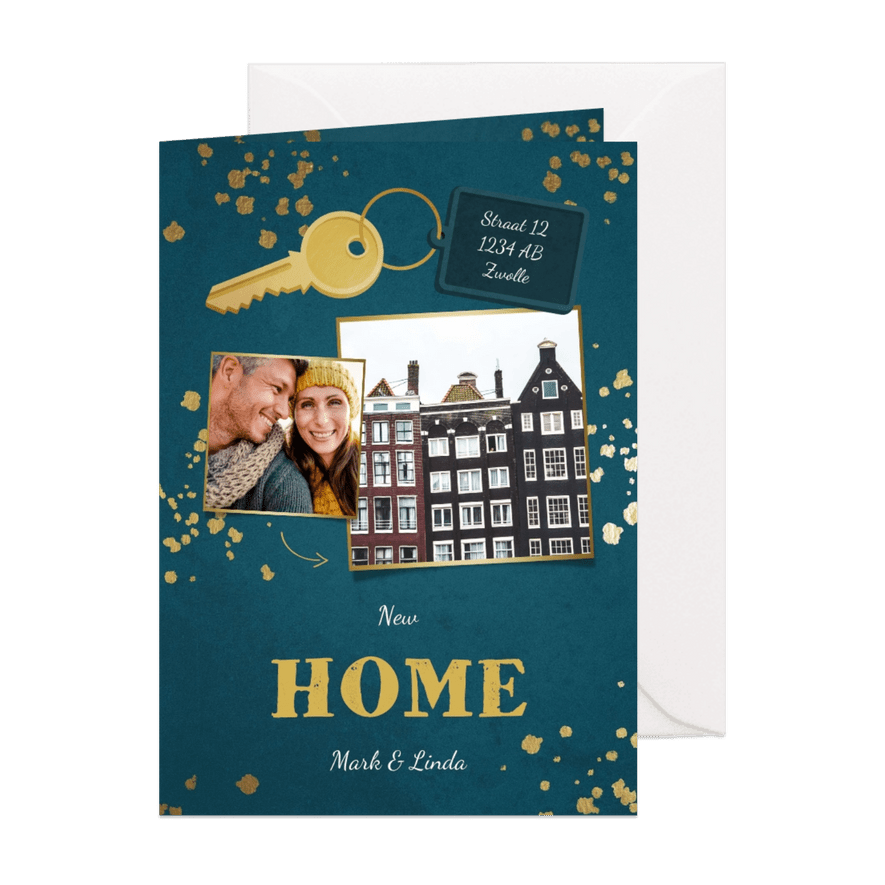 Kerst-verhuiskaart 2 foto's sleutel met label new home - Kaartimpressie