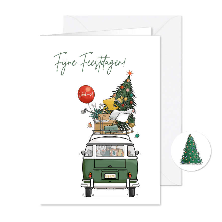 Kerst verhuiskaart achterkant busje met kerstboom - Kaartimpressie