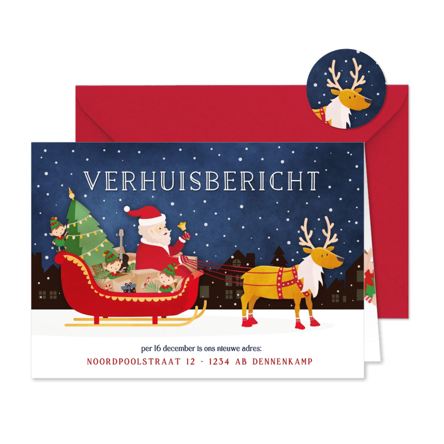 Kerst verhuiskaart arrenslee met verhuisspullen en kerstman - Kaartimpressie
