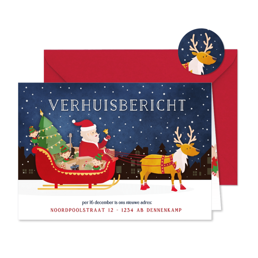 Kerst verhuiskaart arrenslee met verhuisspullen en kerstman - Kaartimpressie