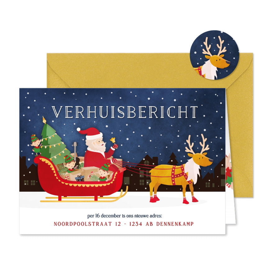 Kerst verhuiskaart arrenslee met verhuisspullen en kerstman - Kaartimpressie