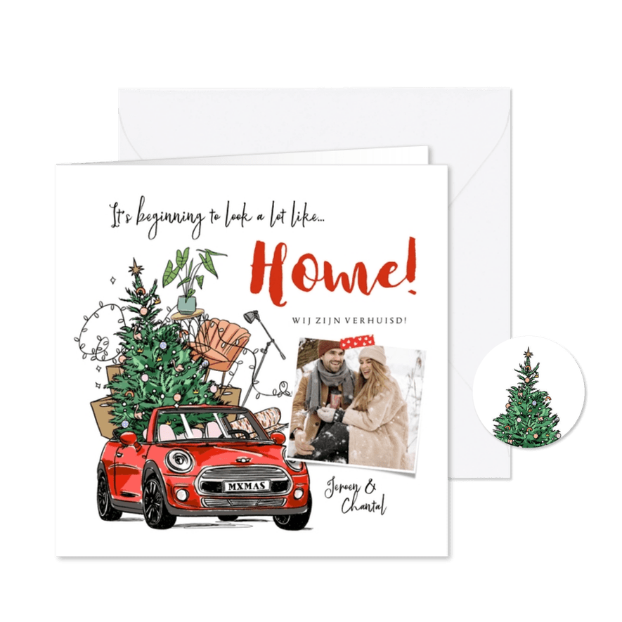 Kerst verhuiskaart auto kerstboom verhuisdozen meubels foto - Kaartimpressie