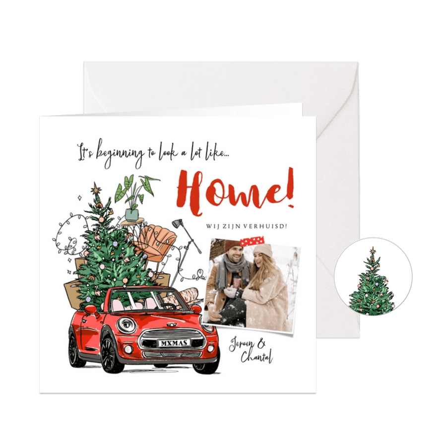 Kerst verhuiskaart auto kerstboom verhuisdozen meubels foto - Kaartimpressie