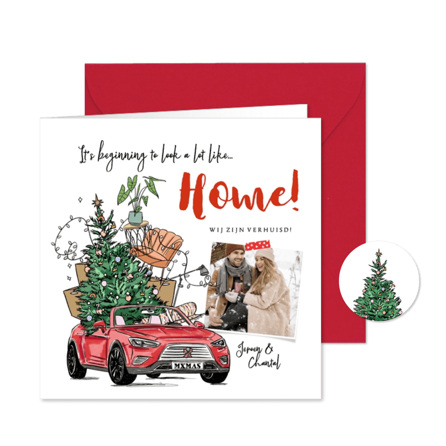 Kerst verhuiskaart auto kerstboom verhuisdozen meubels foto - Kaartimpressie