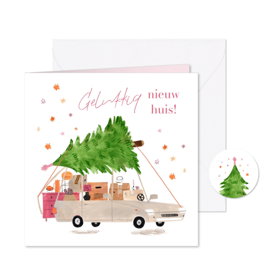 Kerst verhuiskaart auto met kerstboom en sterren - Kaartimpressie