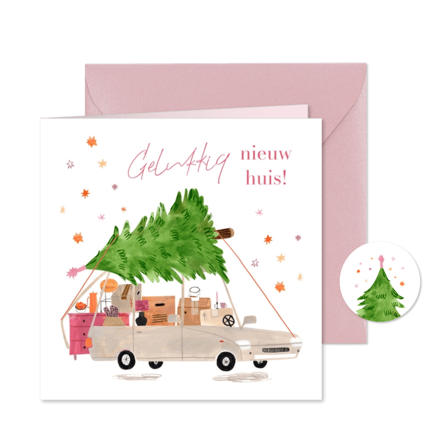 Kerst verhuiskaart auto met kerstboom en sterren - Kaartimpressie