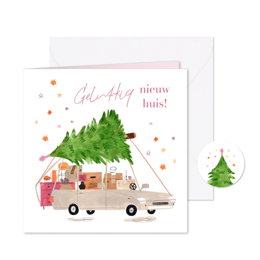 Kerst verhuiskaart auto met kerstboom en sterren - Kaartimpressie