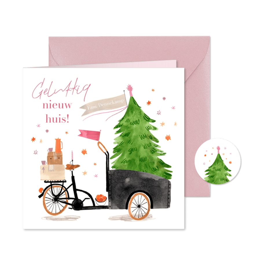 Kerst verhuiskaart bakfiets met kerstboom en sterren - Kaartimpressie