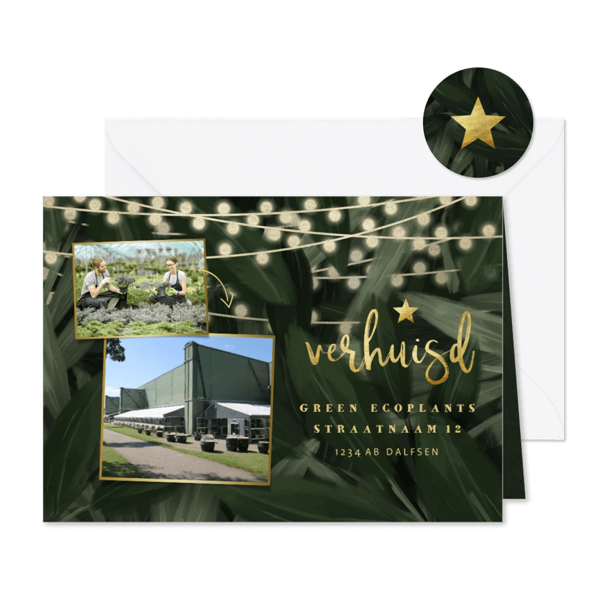 Kerst-verhuiskaart bedrijf bladeren met gouden accenten - Kaartimpressie