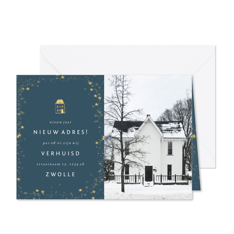 Kerst-verhuiskaart bedrijf met foto en gouden pand - Kaartimpressie
