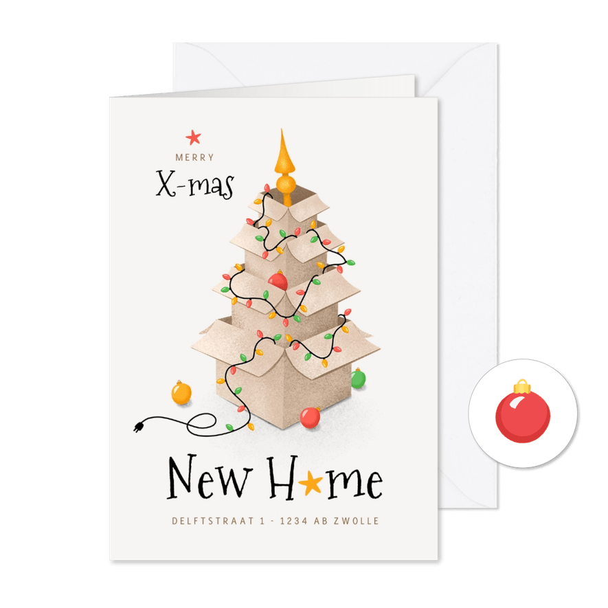 Kerst verhuiskaart dozen lampjes kerstboom sterren - Kaartimpressie