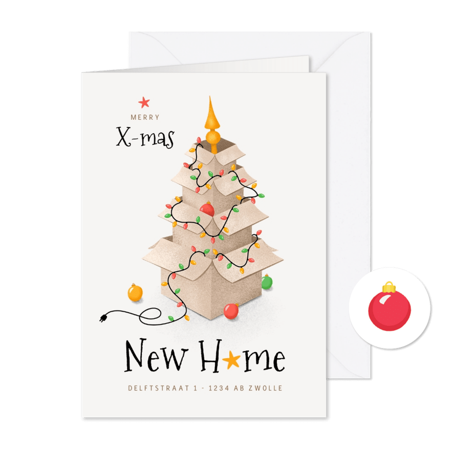 Kerst verhuiskaart dozen lampjes kerstboom sterren - Kaartimpressie
