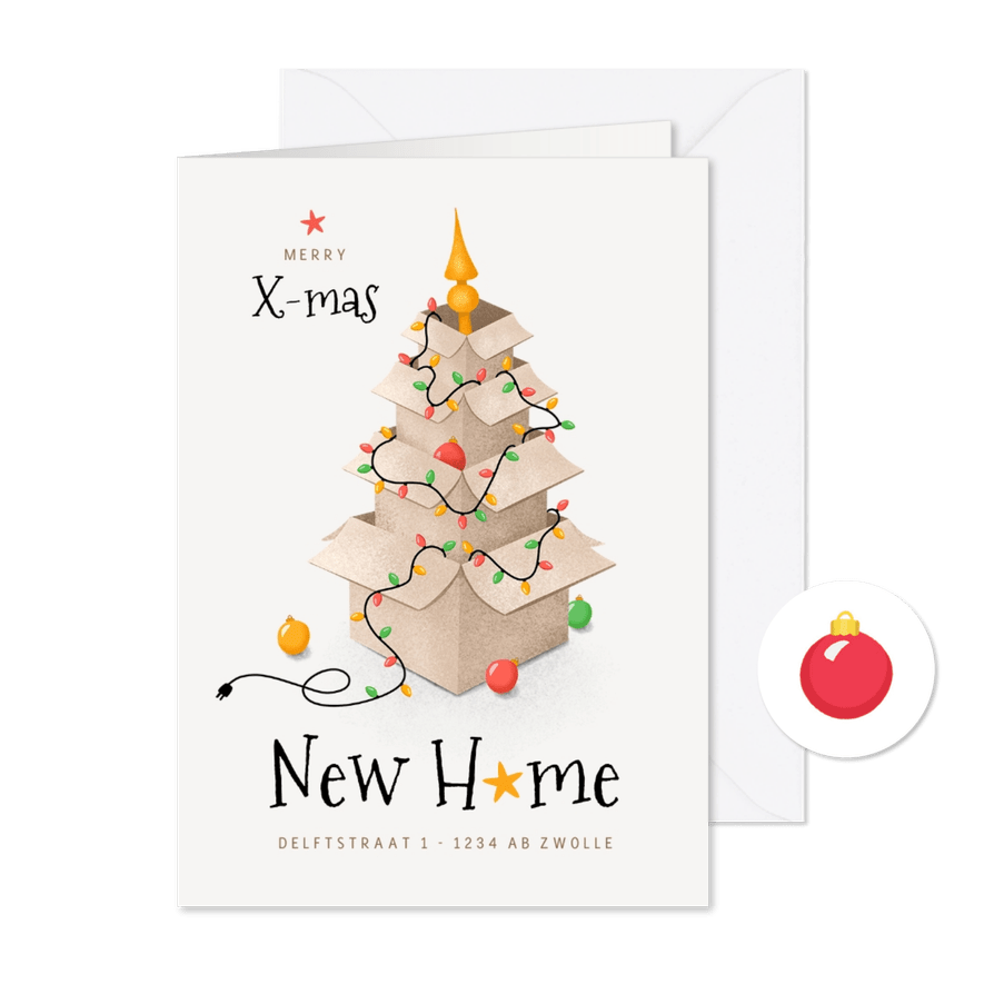 Kerst verhuiskaart dozen lampjes kerstboom sterren - Kaartimpressie