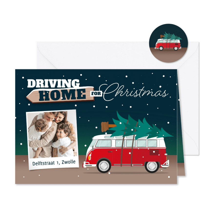 Kerst verhuiskaart driving home for christmas foto kerstboom - Kaartimpressie