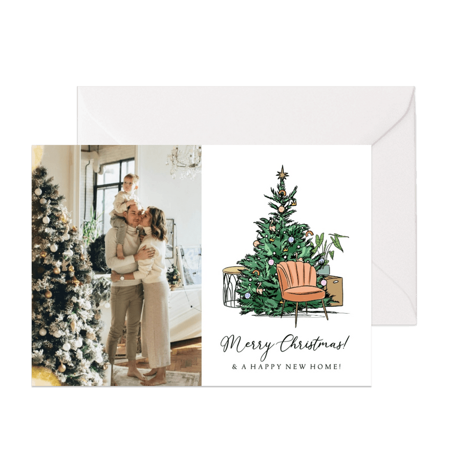 Kerst verhuiskaart foto kerstboom verhuisdoos illustratie - Kaartimpressie