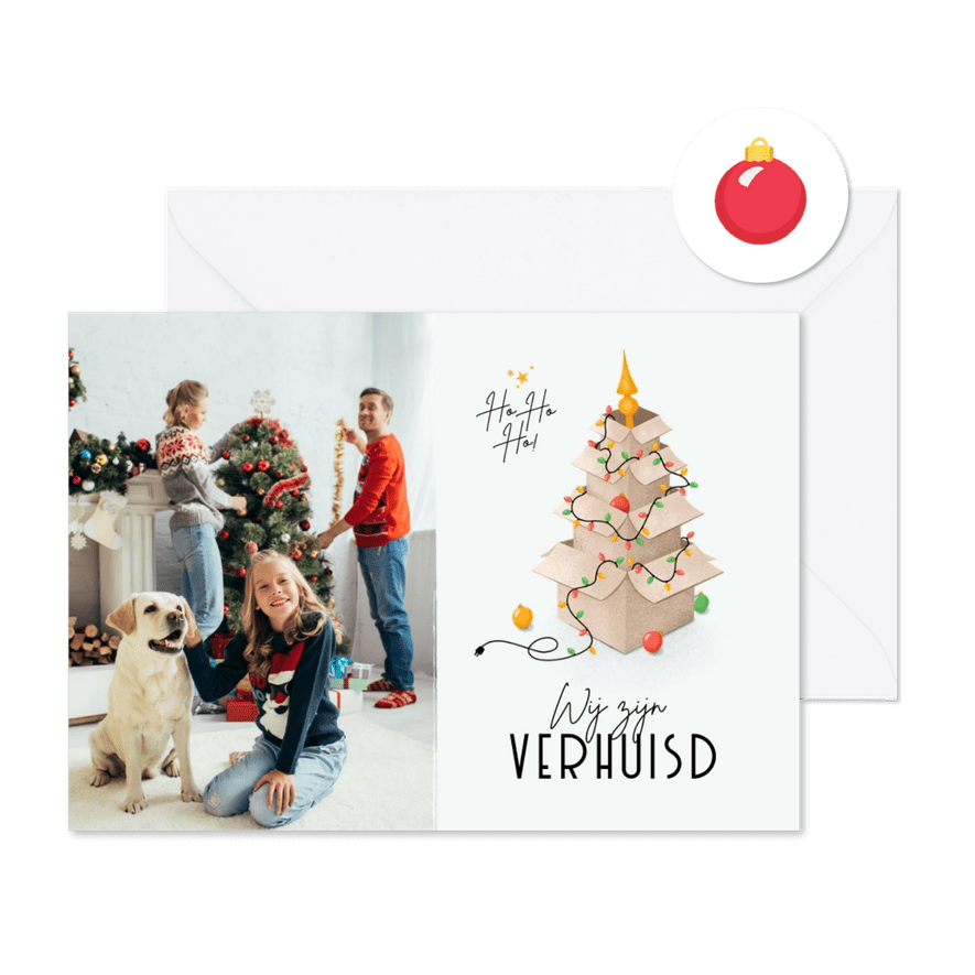 Kerst verhuiskaart foto kerstboom verhuisdozen kerstballen - Kaartimpressie