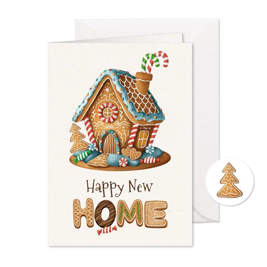 Kerst verhuiskaart gingerbread house huis snoep koekjes - Kaartimpressie