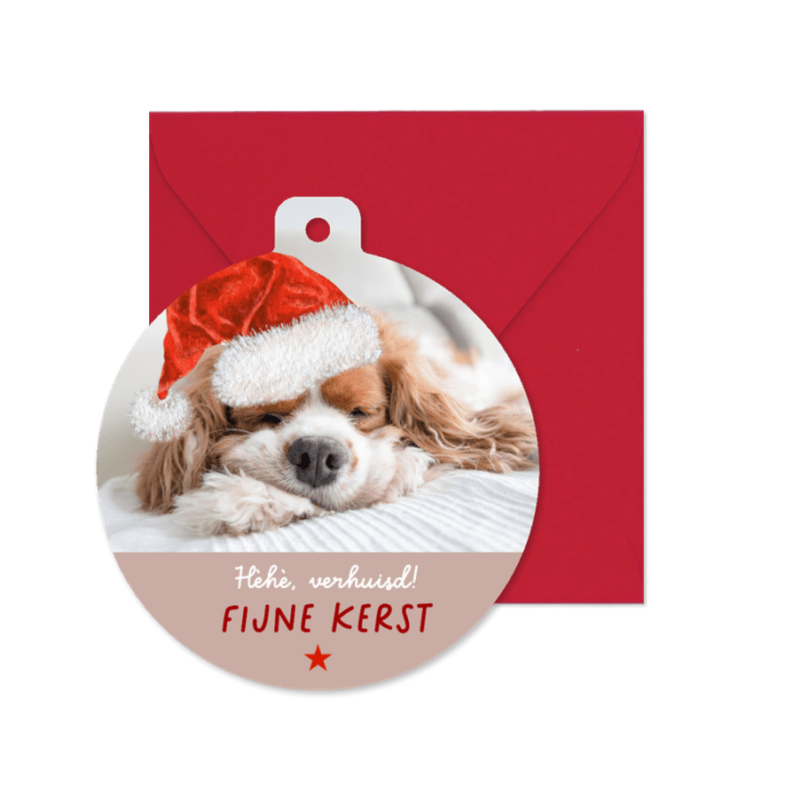 Kerst-verhuiskaart grappig hondje met kerstmuts - Kaartimpressie