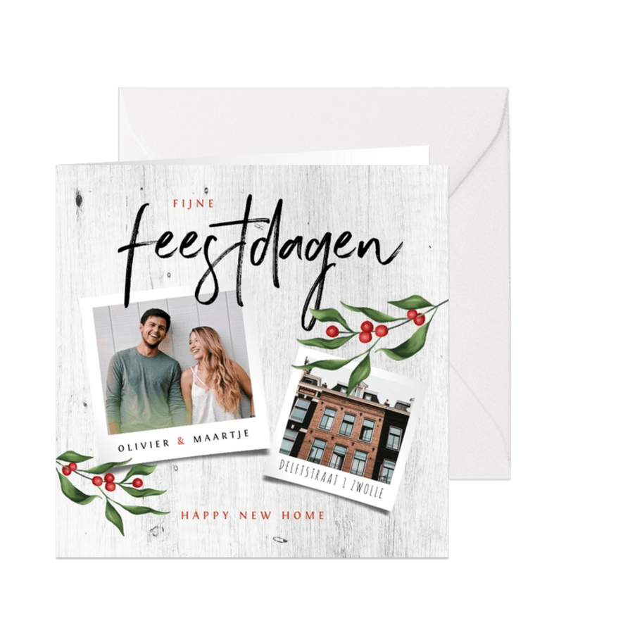 Kerst verhuiskaart houtlook met foto's en kersttakje - Kaartimpressie