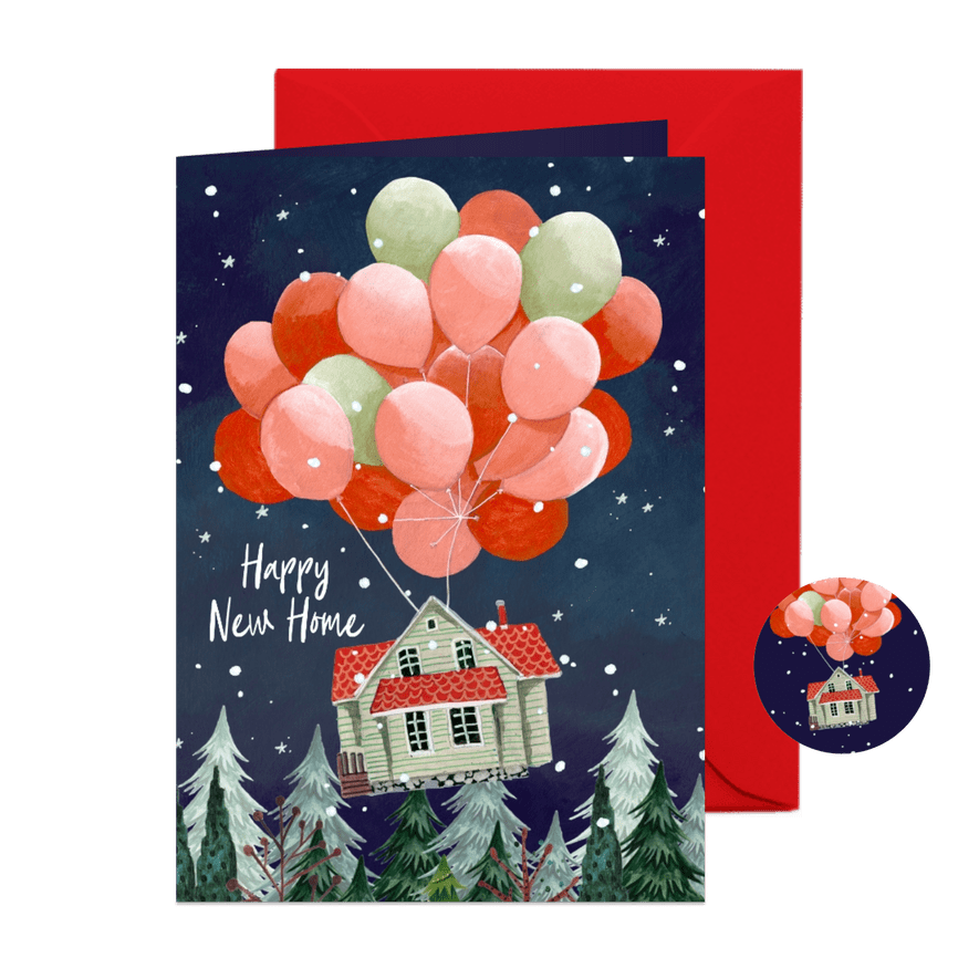 Kerst verhuiskaart huis en ballonnen met kerstbomen & sneeuw - Kaartimpressie