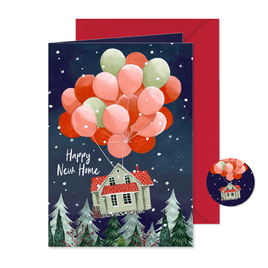 Kerst verhuiskaart huis en ballonnen met kerstbomen & sneeuw - Kaartimpressie