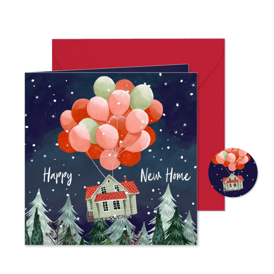 Kerst verhuiskaart huis met kerstboom en ballonnen - Kaartimpressie