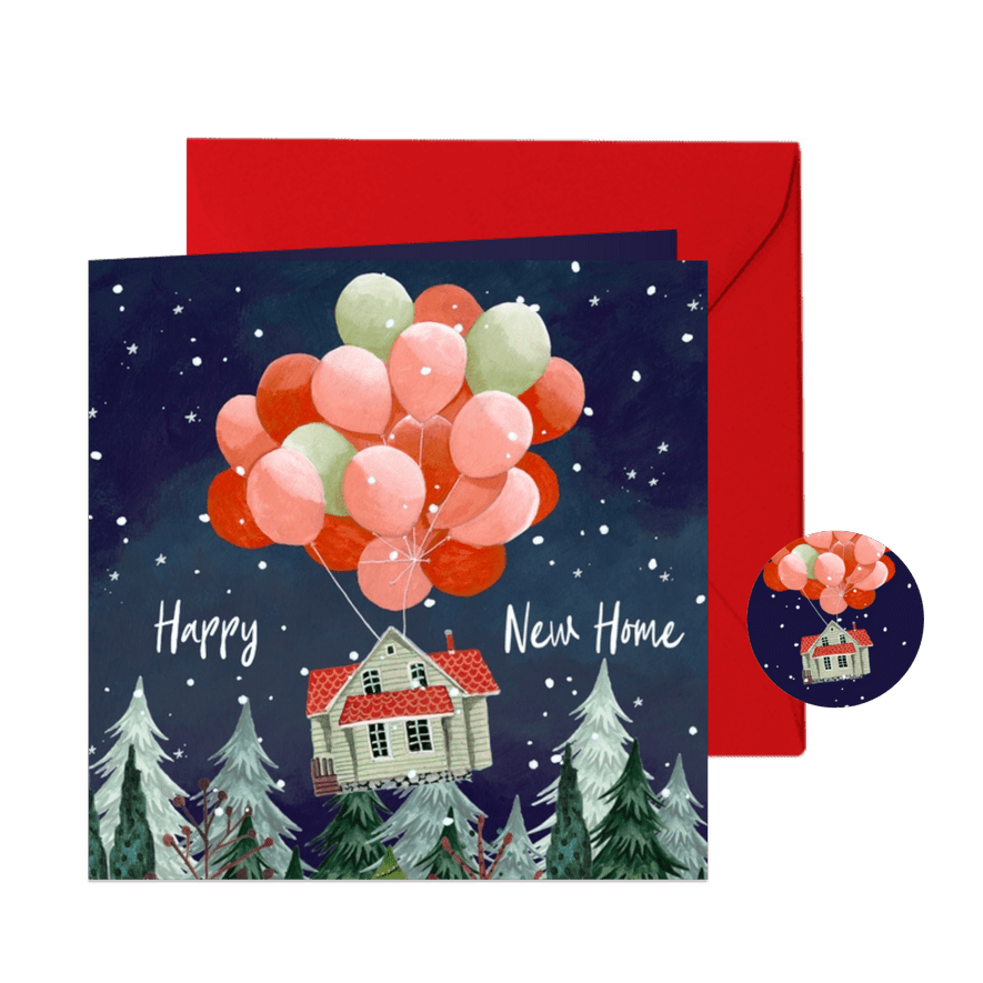 Kerst verhuiskaart huis met kerstboom en ballonnen - Kaartimpressie