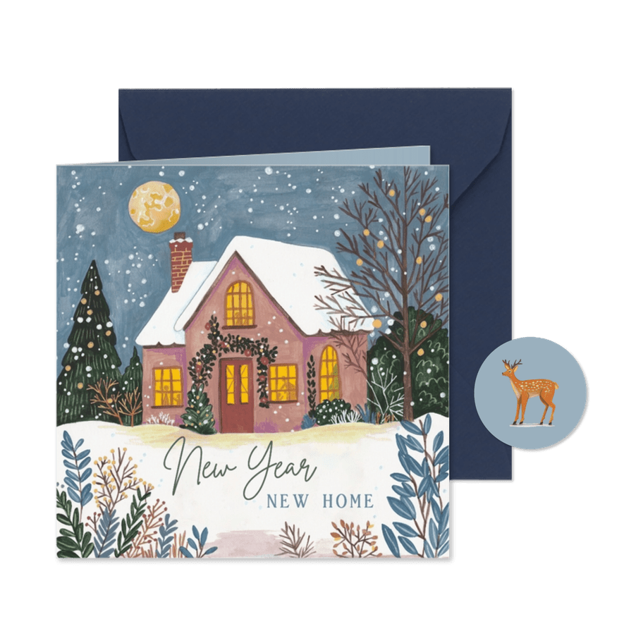 Kerst verhuiskaart huisje in de sneeuw - Kaartimpressie