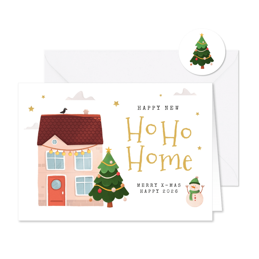 Kerst verhuiskaart huisje kerstboom sneeuwpop sterren - Kaartimpressie