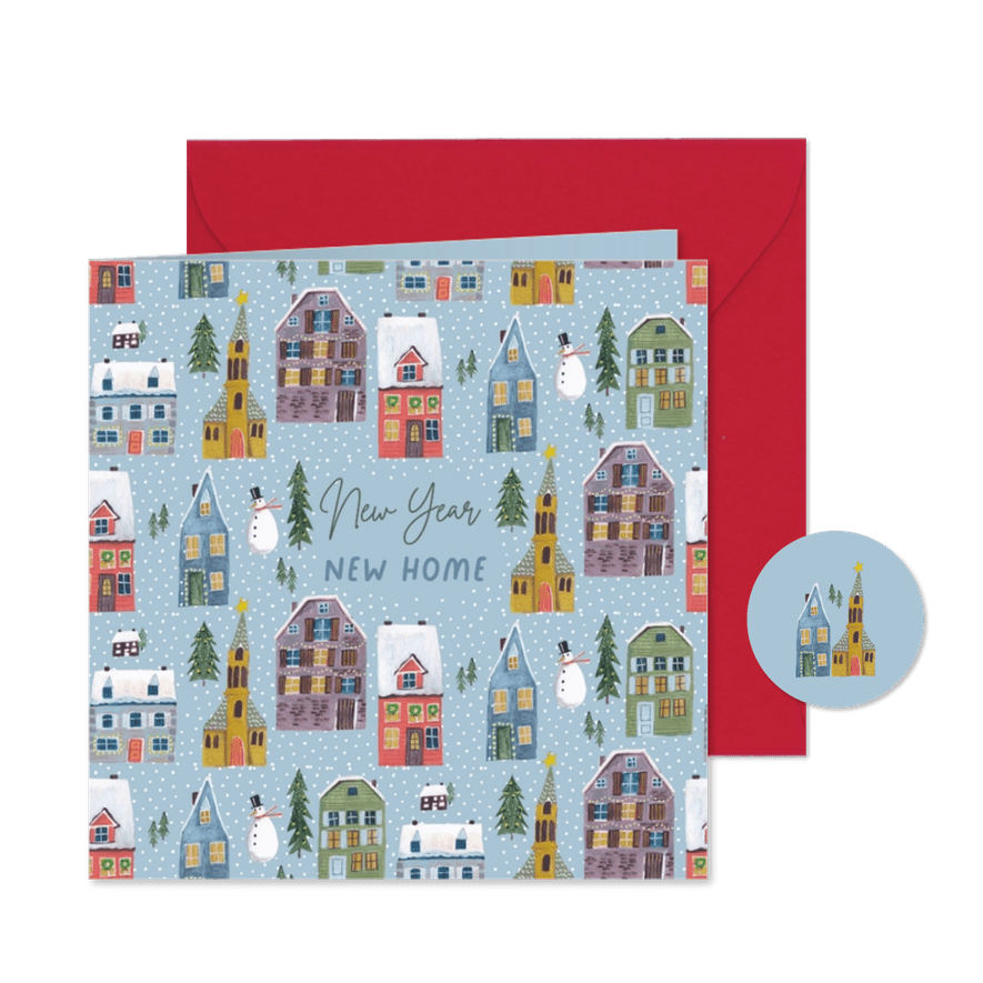 Kerst verhuiskaart huisjes in de sneeuw - Kaartimpressie